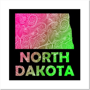 Colorful mandala art map of North Dakota with text in pink and green Posters and Art